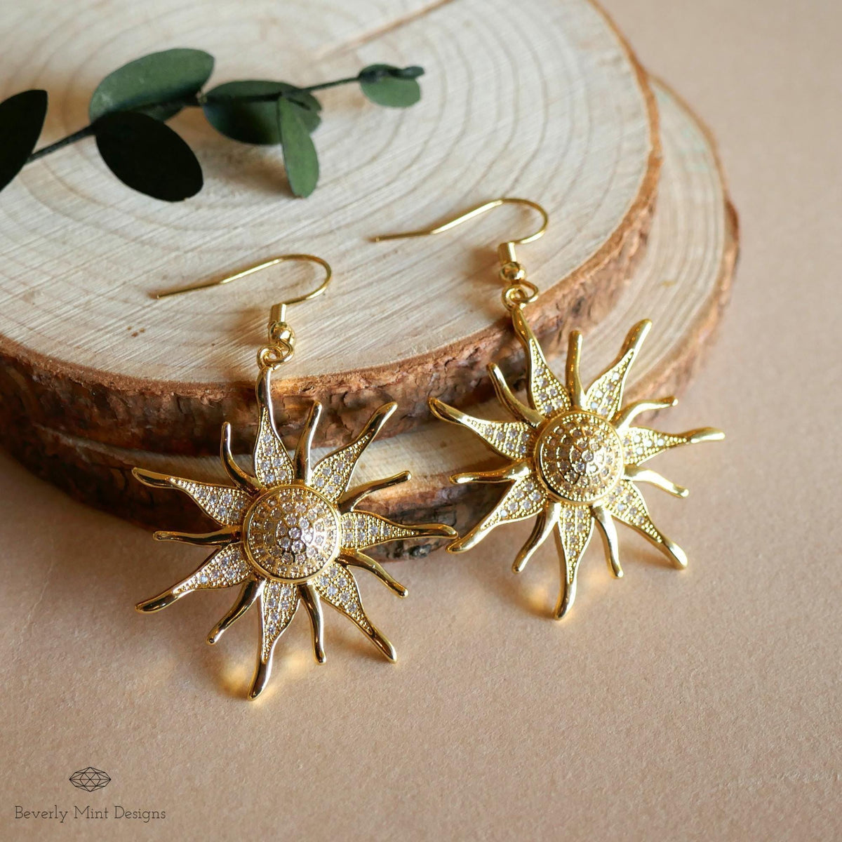 Sun Earrings, 18K Gold Boho Sun Earrings, Bohemian Style Earrings, Gold Sunburst Earrings, Sensitive Ear & Clip-On Options