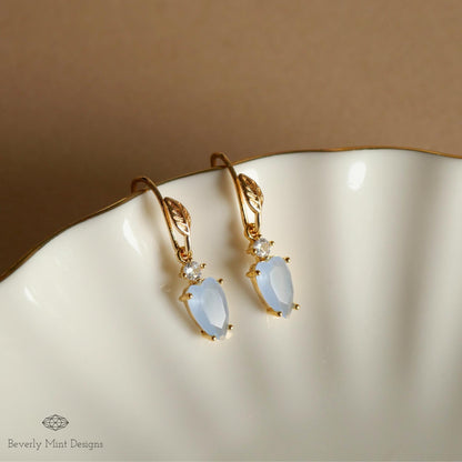 Blue Earrings, Tiny Leaf Earrings with Pale Blue Stone, Nature-Inspired Minimalist Jewelry, Elegant
