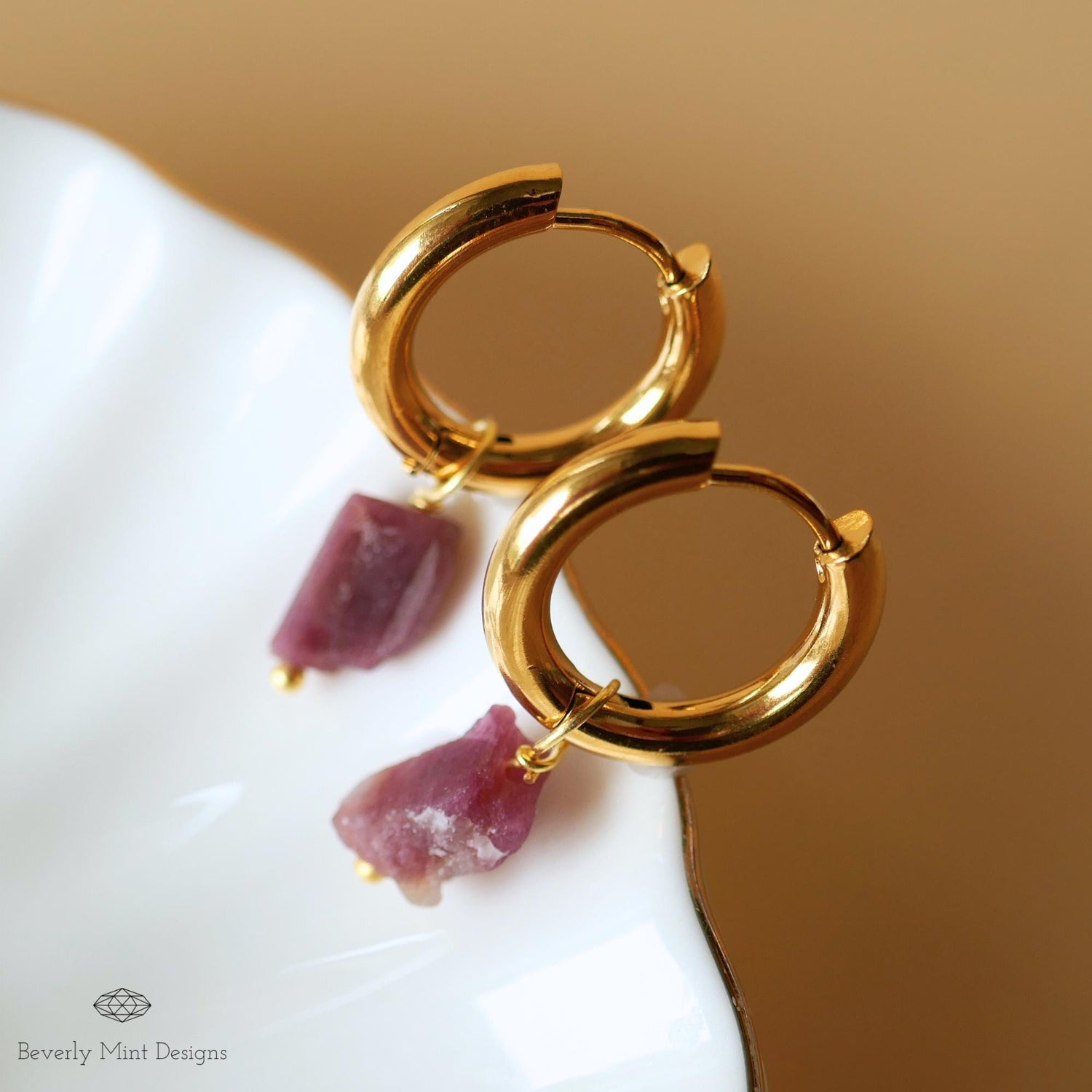 Raw Pink Tourmaline Stone Earrings, 18K Gold Huggie Hoop Earrings with October Birthstone, Red Stone Earrings , Purple/Red Jewelry, Chakra