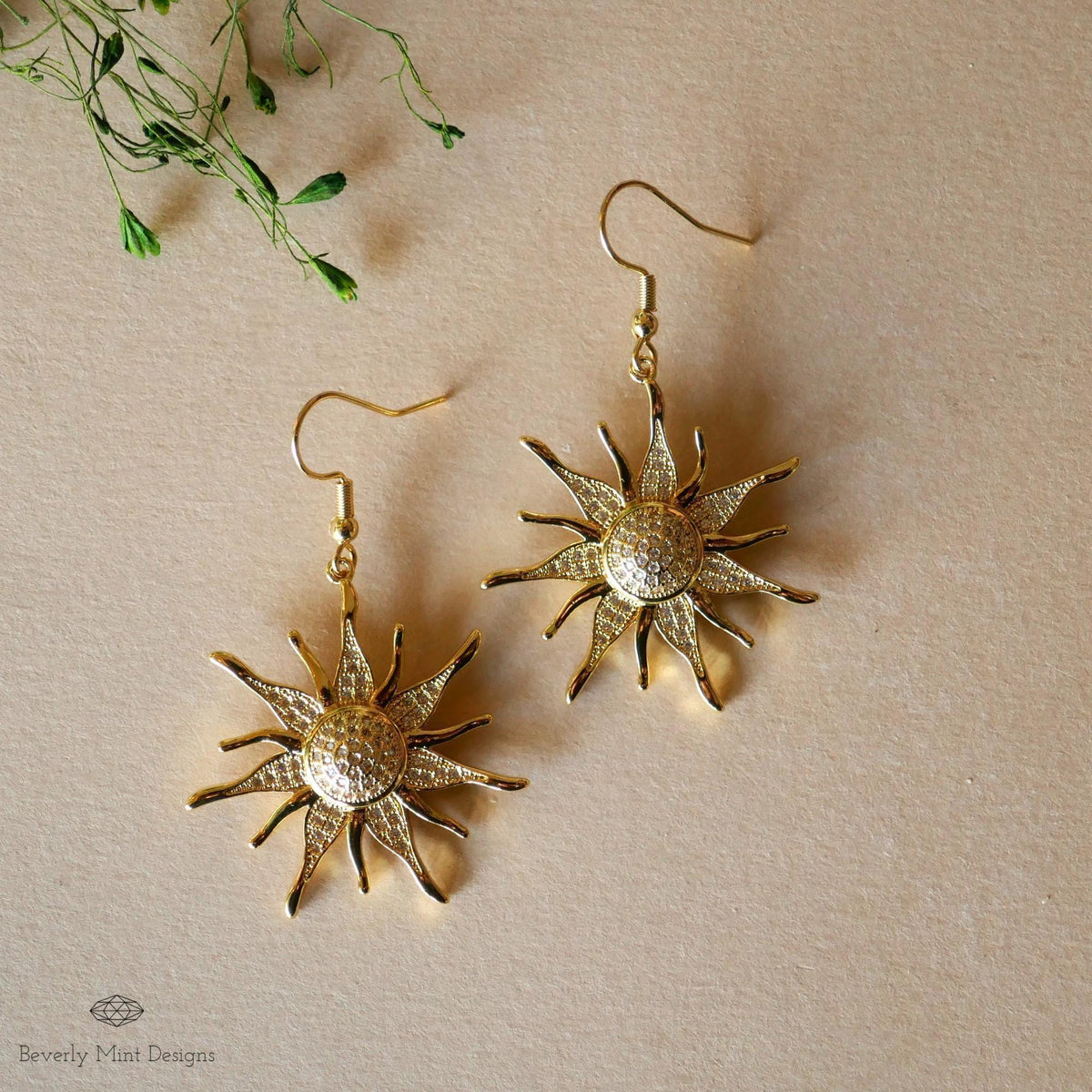 Sun Earrings, 18K Gold Boho Sun Earrings, Bohemian Style Earrings, Gold Sunburst Earrings, Sensitive Ear & Clip-On Options