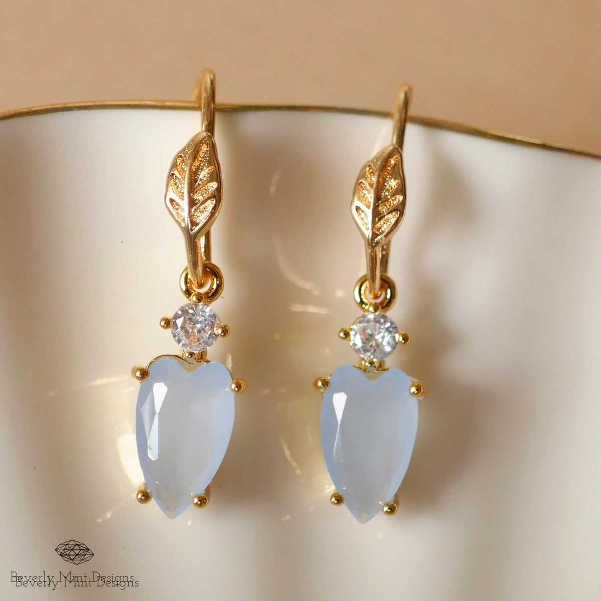 Blue Earrings, Tiny Leaf Earrings with Pale Blue Stone, Nature-Inspired Minimalist Jewelry, Elegant