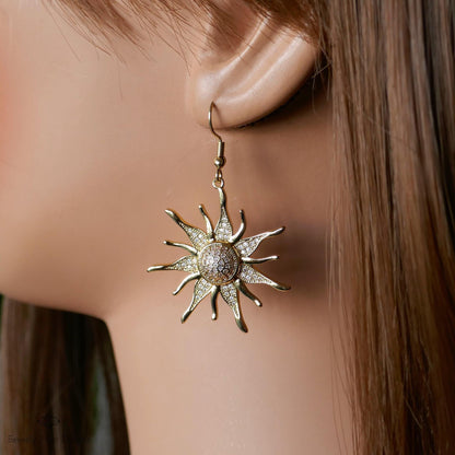 Sun Earrings, 18K Gold Boho Sun Earrings, Bohemian Style Earrings, Gold Sunburst Earrings, Sensitive Ear & Clip-On Options