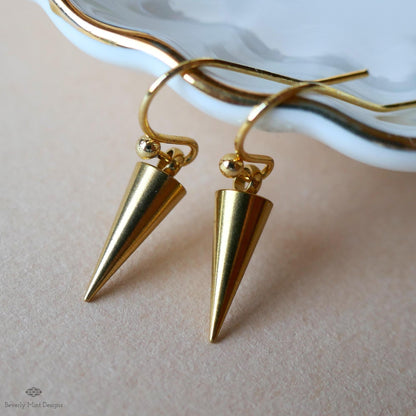 Gold Spike Earrings, Cone Drop Earrings, Minimalist Dangle Earrings, Edgy Gold Jewelry, Modern Earrings, Sensitive Ear & Clip-On Options