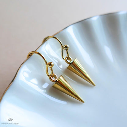 Gold Spike Earrings, Cone Drop Earrings, Minimalist Dangle Earrings, Edgy Gold Jewelry, Modern Earrings, Sensitive Ear & Clip-On Options