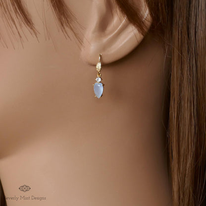 Blue Earrings, Tiny Leaf Earrings with Pale Blue Stone, Nature-Inspired Minimalist Jewelry, Elegant