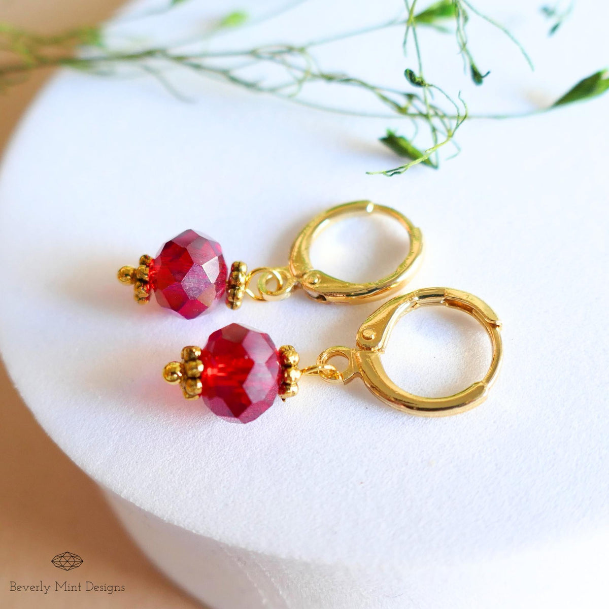 Gold Hoop Earrings with Red Beads ,Handmade Dangle Earrings, Elegant Jewelry for Women, Sensitive Ear & Clip-On Options