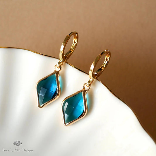 Gold Hoop Earrings with Blue Gemstone, Elegant Dangle Earrings, Minimalist Jewelry for Women, Sensitive Ear & Clip-On Options