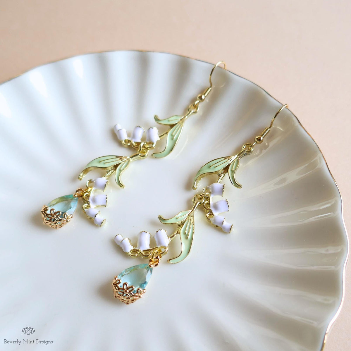 Lily of the Valley Earrings Gold Drop Earrings with Teardrop ,Botanical Bridal Jewelry Nature Inspired, Sensitive Ear & Clip-On Options
