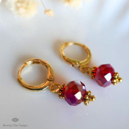 Gold Hoop Earrings with Red Beads ,Handmade Dangle Earrings, Elegant Jewelry for Women, Sensitive Ear & Clip-On Options