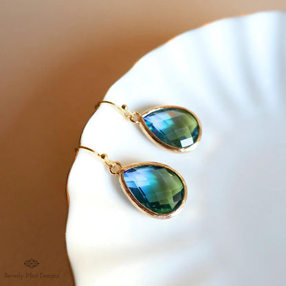 Blue and Green Teardrop Earrings, Blue Ombre Stone Drop Earrings, Elegant Teardrop Earrings, Sensitive Ear & Clip-On Options