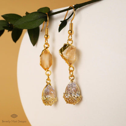 Citrine Raw Stone Earrings with CZ, 18K Gold Birthstone Jewelry, Raw Stone Earrings, Yellow Earrings, Sensitive Ear & Clip-On Options