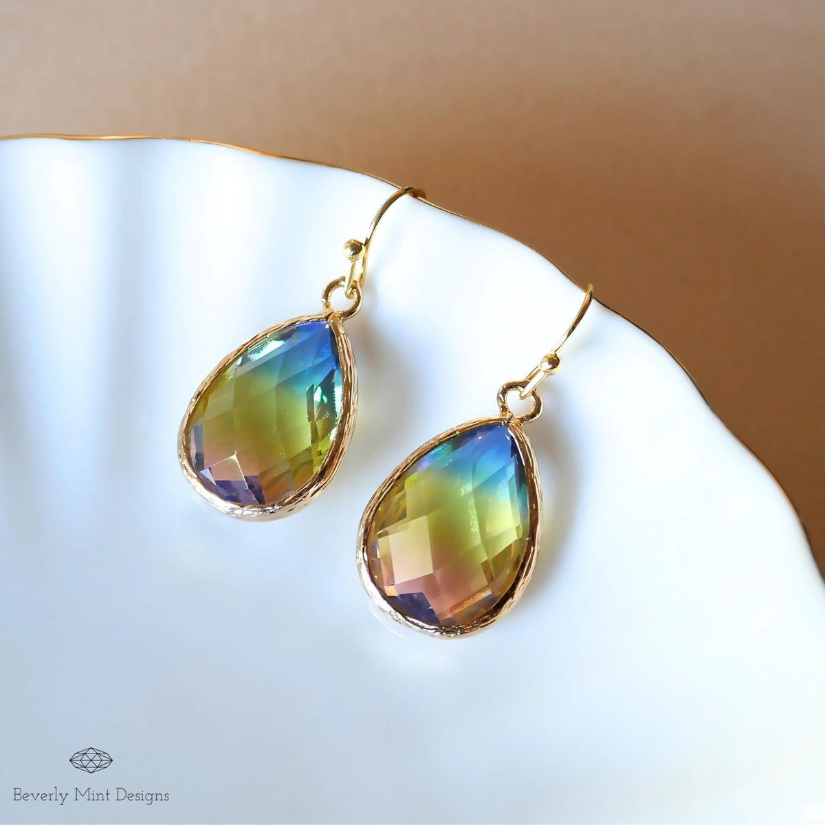 Rainbow Crystal Drop Earrings for Women, Ombre Teardrop Dangle Earrings in Gold, Sensitive Ear & Clip-On Options