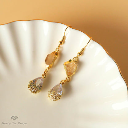 Citrine Raw Stone Earrings with CZ, 18K Gold Birthstone Jewelry, Raw Stone Earrings, Yellow Earrings, Sensitive Ear & Clip-On Options