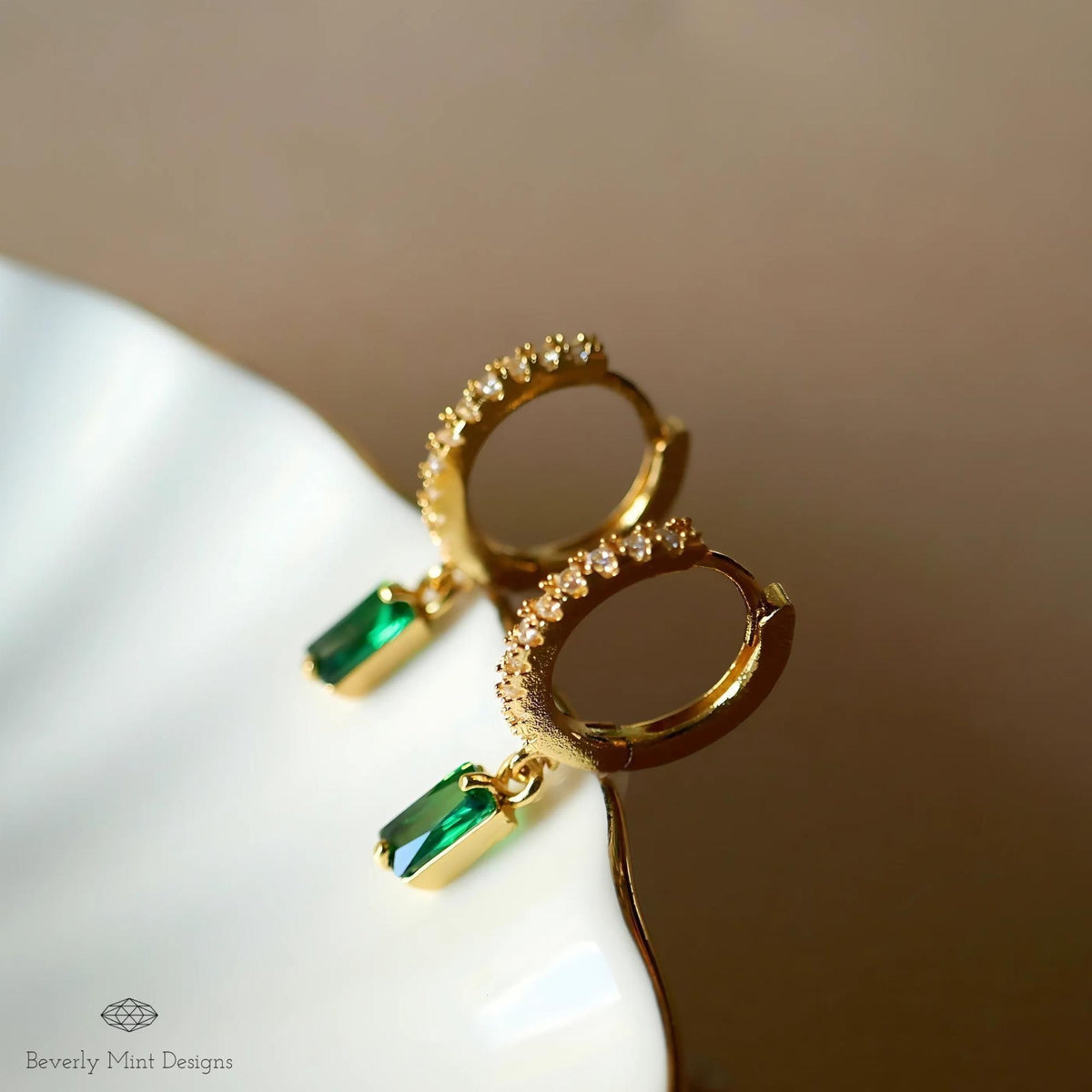 Gold Pave Hoop Earrings, Green Stone Drop Earrings, Dainty Huggie Hoops, Minimalist Jewelry for Women, Elegant