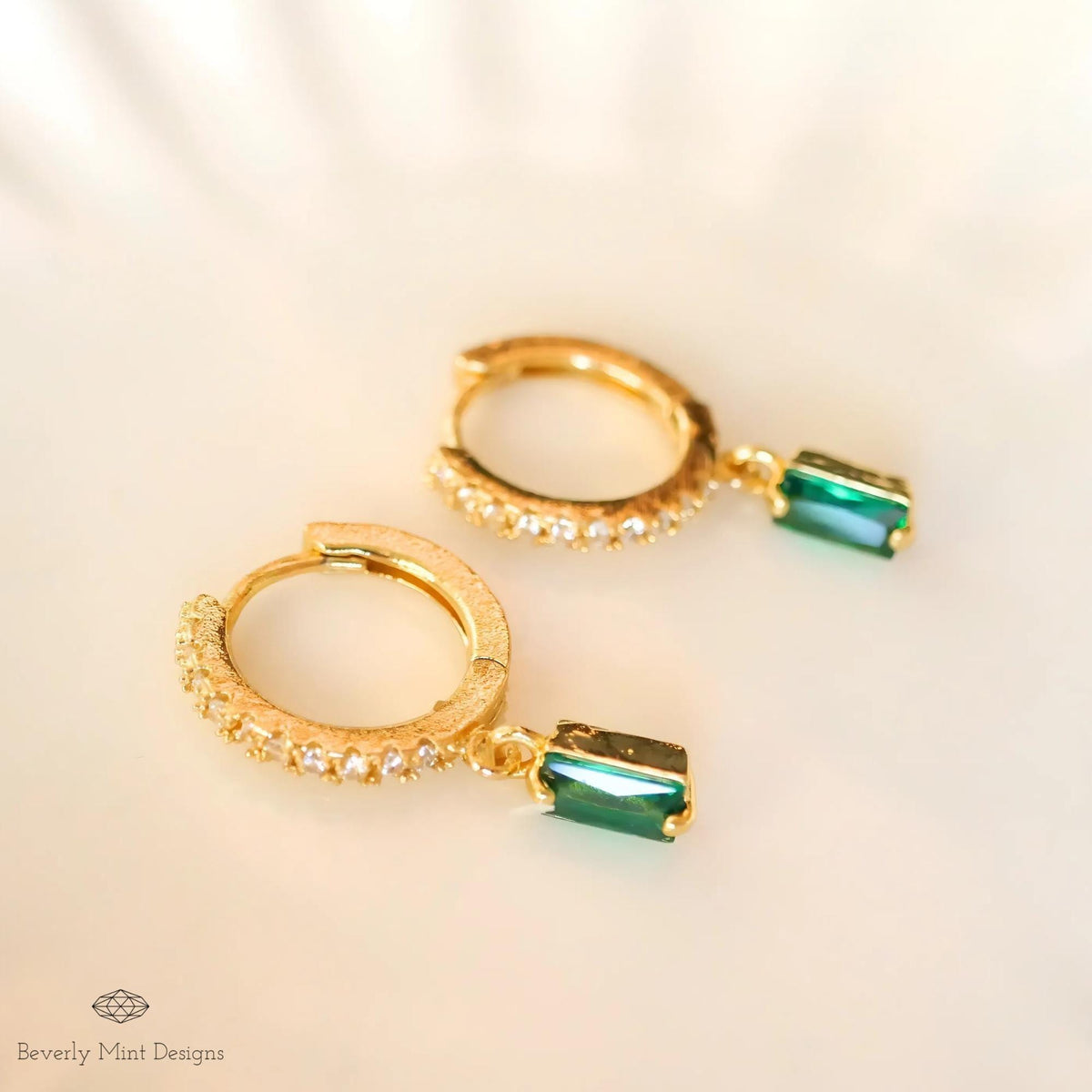 Gold Pave Hoop Earrings, Green Stone Drop Earrings, Dainty Huggie Hoops, Minimalist Jewelry for Women, Elegant