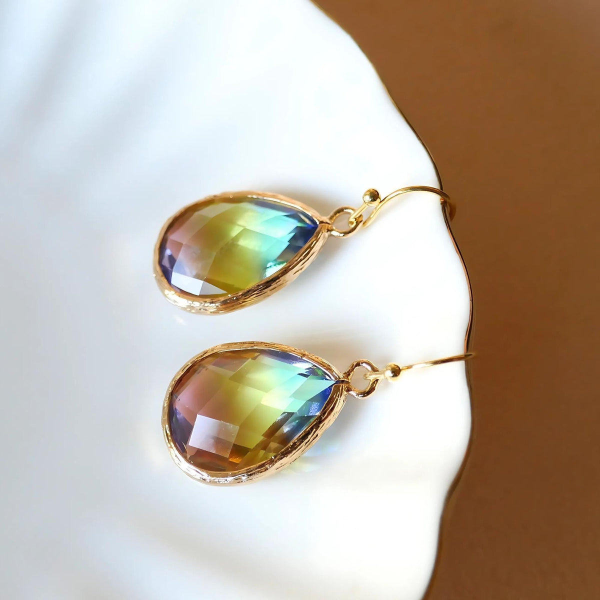 Rainbow Crystal Drop Earrings for Women, Ombre Teardrop Dangle Earrings in Gold, Sensitive Ear & Clip-On Options