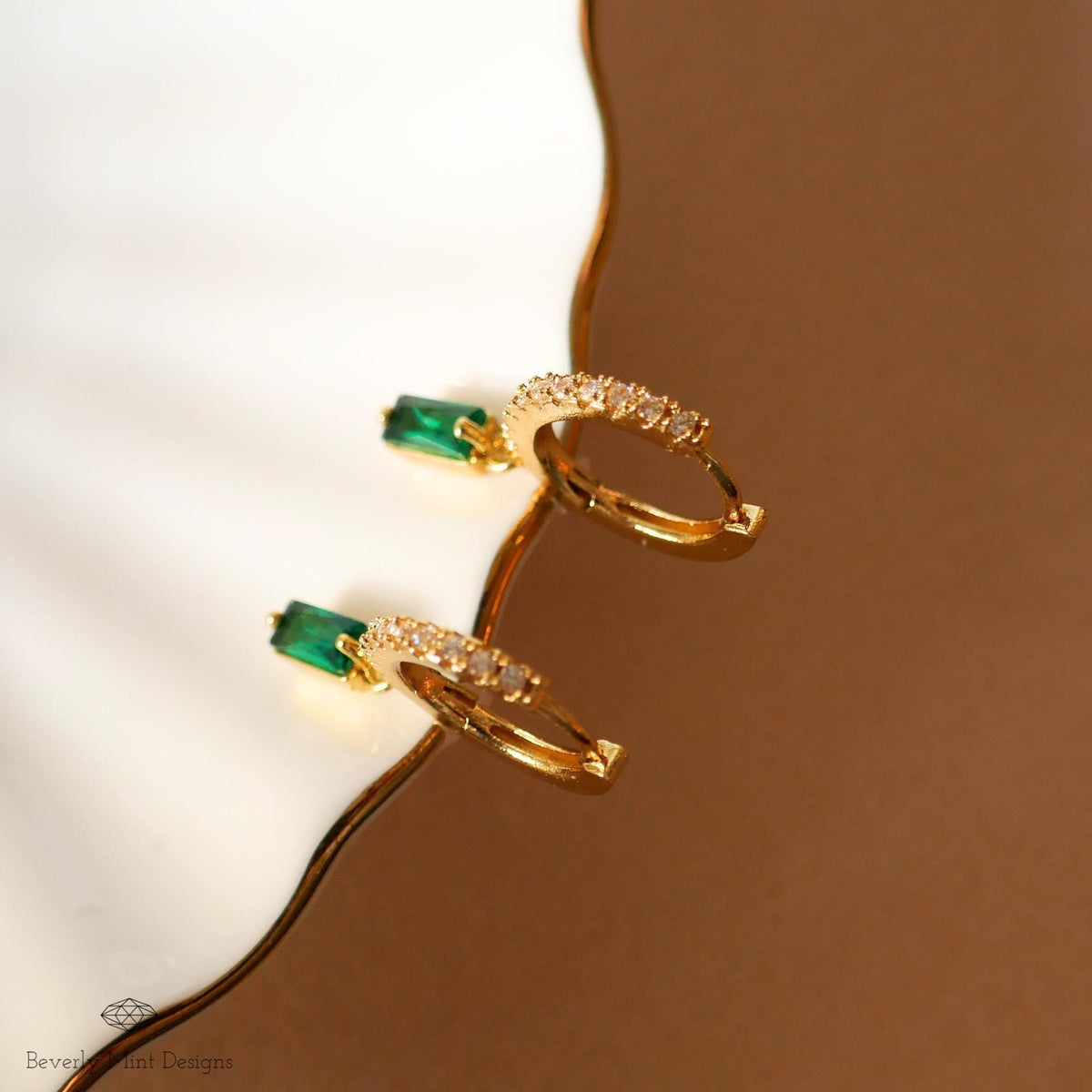 Gold Pave Hoop Earrings, Green Stone Drop Earrings, Dainty Huggie Hoops, Minimalist Jewelry for Women, Elegant