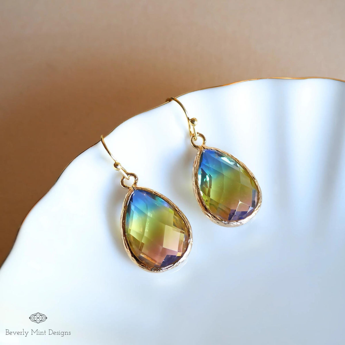 Rainbow Crystal Drop Earrings for Women, Ombre Teardrop Dangle Earrings in Gold, Sensitive Ear & Clip-On Options
