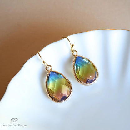 Rainbow Crystal Drop Earrings for Women, Ombre Teardrop Dangle Earrings in Gold, Sensitive Ear & Clip-On Options