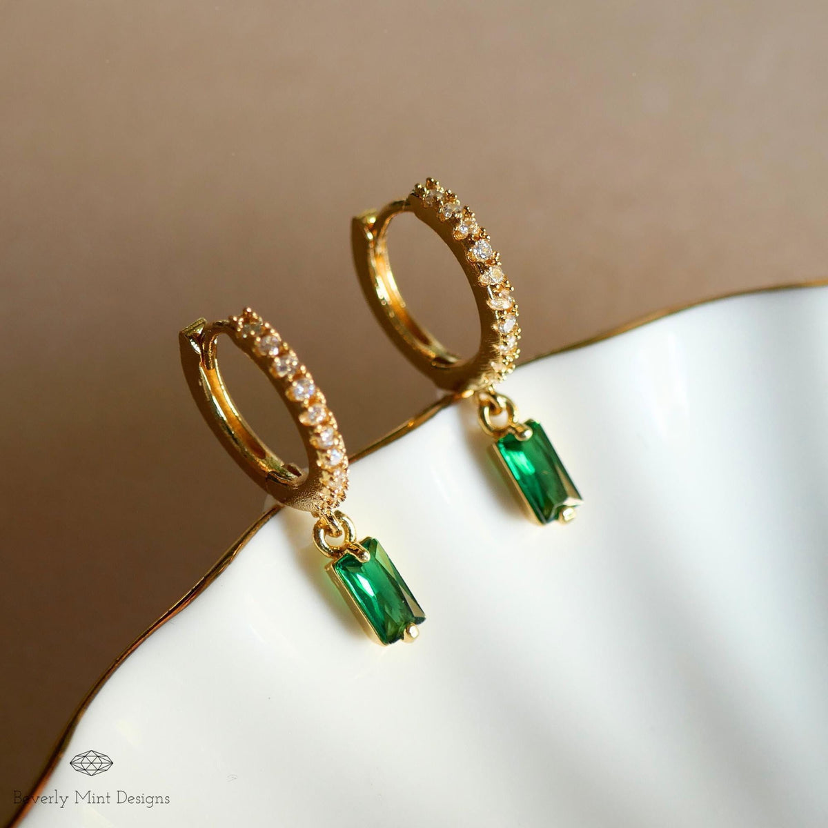 Gold Pave Hoop Earrings, Green Stone Drop Earrings, Dainty Huggie Hoops, Minimalist Jewelry for Women, Elegant