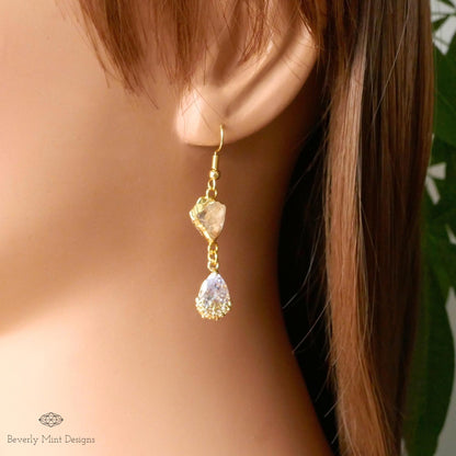 Citrine Raw Stone Earrings with CZ, 18K Gold Birthstone Jewelry, Raw Stone Earrings, Yellow Earrings, Sensitive Ear & Clip-On Options