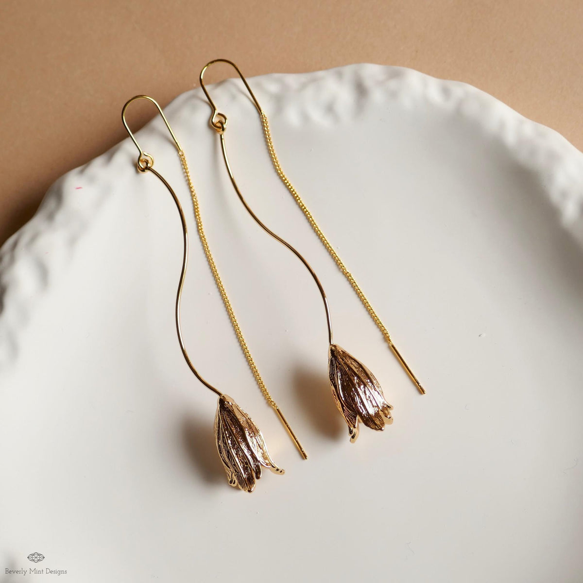Gold Tulip Drop Earrings Floral Long Dangle Earrings Lightweight Threader Earrings Modern Botanical Jewelry Gift for Her