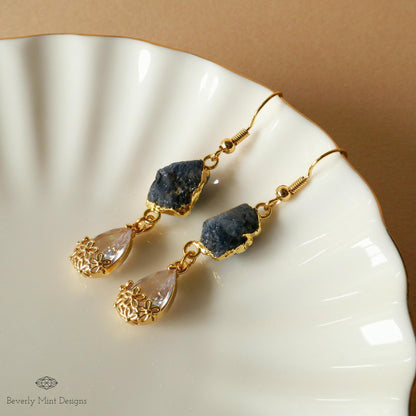 Sapphire Raw Stone Earrings with CZ, 18K Gold Birthstone Jewelry, Raw Stone Earrings, Chakra, Sensitive Ear & Clip-On Options