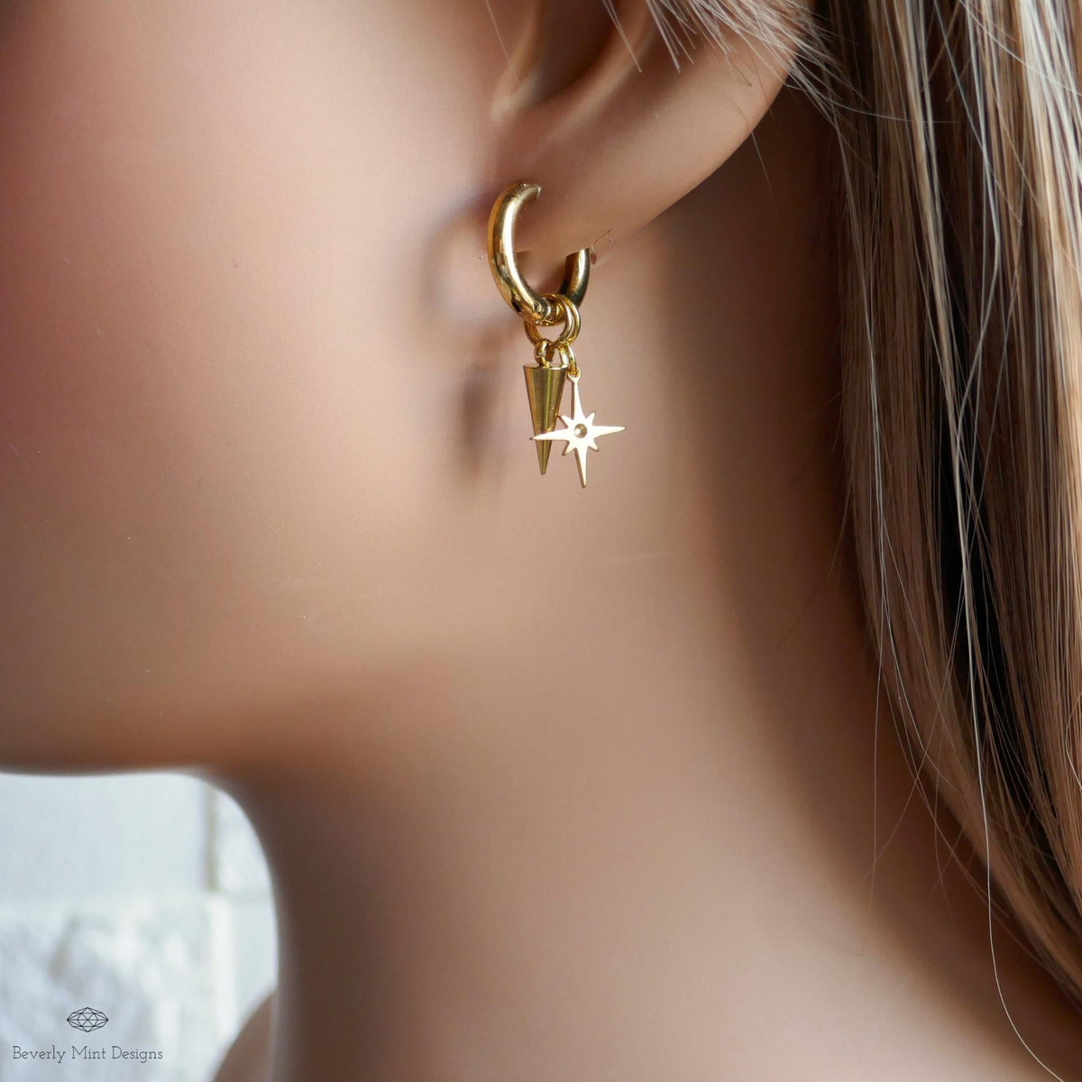 Gold Star Hoop Earrings, Spike And Star Huggie Earrings, Celestial Gold Jewelry, Modern Statement Hoops, Edgy Drop Earrings
