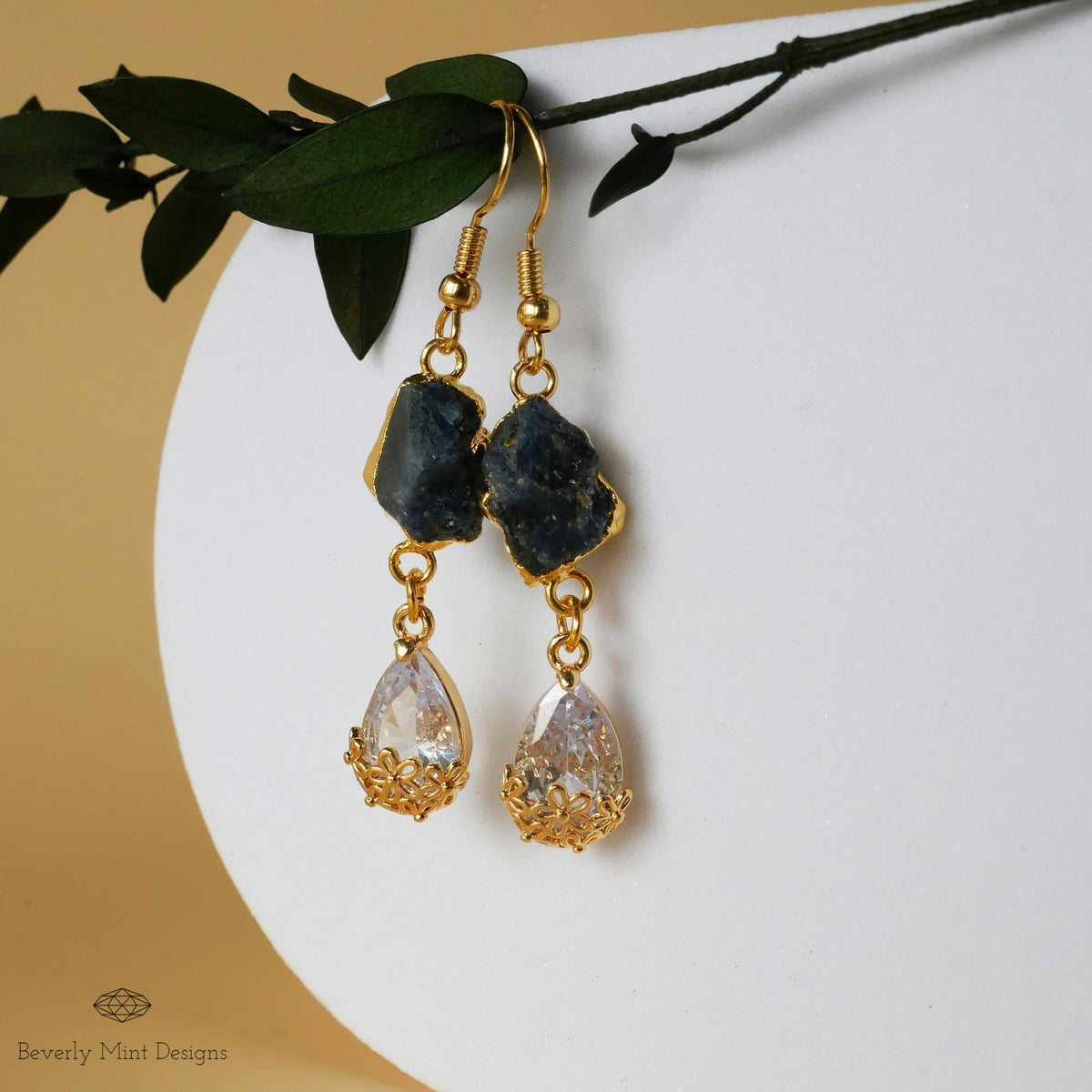 Sapphire Raw Stone Earrings with CZ, 18K Gold Birthstone Jewelry, Raw Stone Earrings, Chakra, Sensitive Ear & Clip-On Options