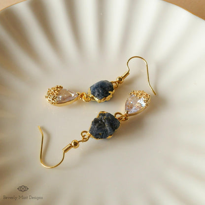 Sapphire Raw Stone Earrings with CZ, 18K Gold Birthstone Jewelry, Raw Stone Earrings, Chakra, Sensitive Ear & Clip-On Options