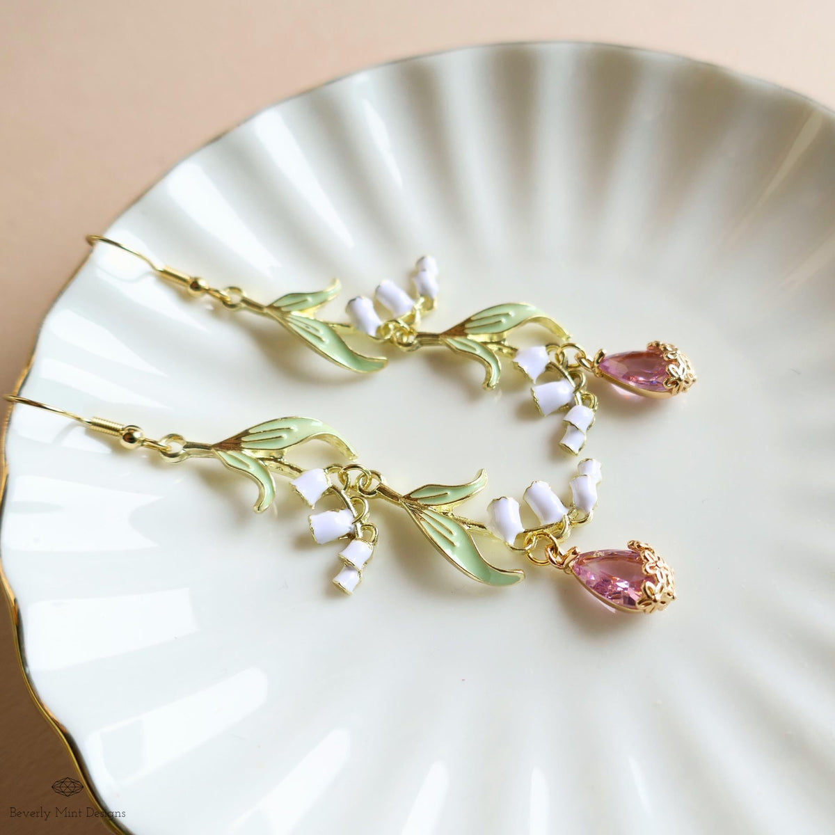 Lily of the Valley Earrings Gold Drop Earrings with Pink Teardrop ,Botanical Bridal Jewelry Nature Inspired, Sensitive Ear & Clip-On Options