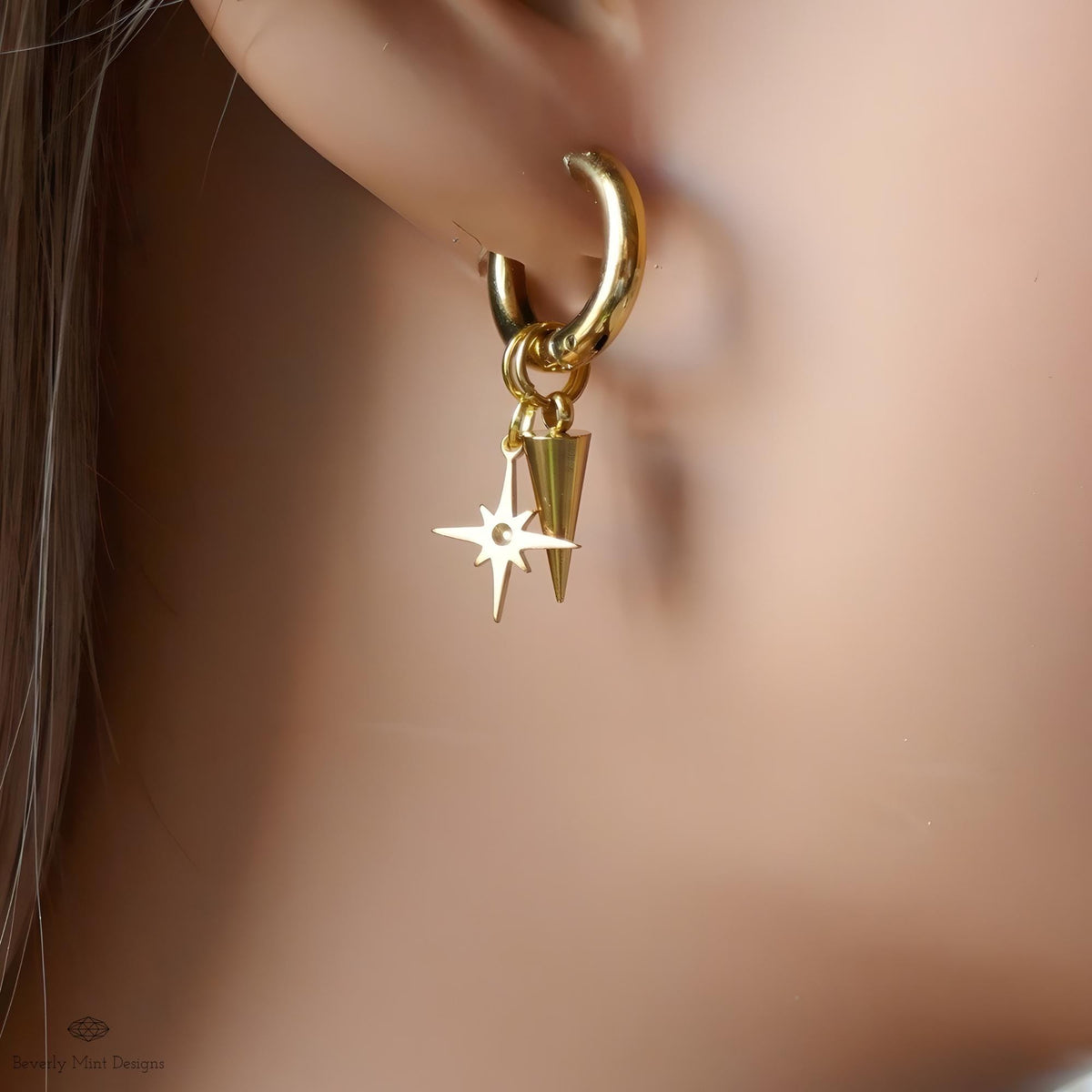 Gold Star Hoop Earrings, Spike And Star Huggie Earrings, Celestial Gold Jewelry, Modern Statement Hoops, Edgy Drop Earrings