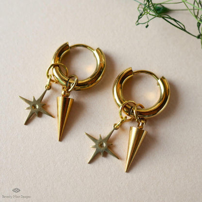Gold Star Hoop Earrings, Spike And Star Huggie Earrings, Celestial Gold Jewelry, Modern Statement Hoops, Edgy Drop Earrings
