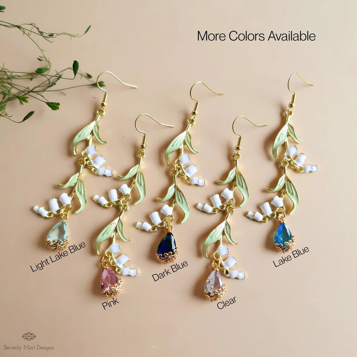 Lily of the Valley Earrings Gold Drop Earrings with Pink Teardrop ,Botanical Bridal Jewelry Nature Inspired, Sensitive Ear & Clip-On Options