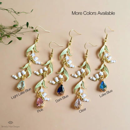 Lily of the Valley Earrings Gold Drop Earrings with Pink Teardrop ,Botanical Bridal Jewelry Nature Inspired, Sensitive Ear & Clip-On Options