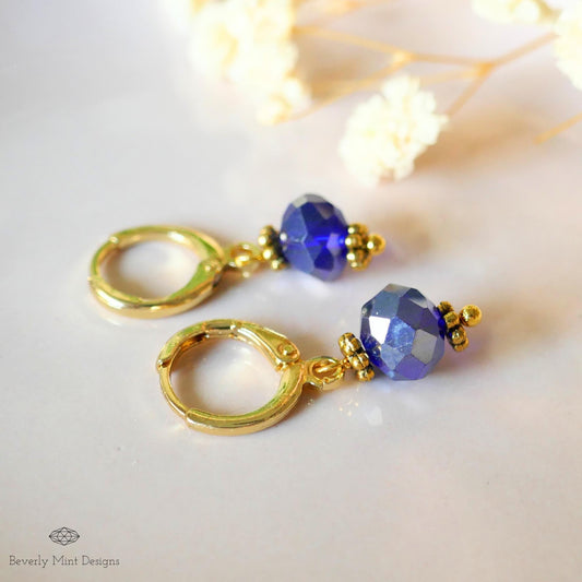 Gold Hoop Earrings with Dark Blue Beads ,Handmade Dangle Earrings, Elegant Jewelry for Women, Sensitive Ear & Clip-On Options