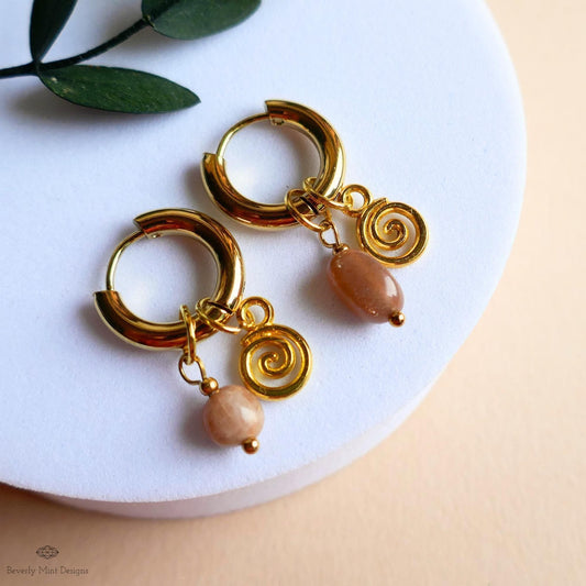 Sunstone Earrings, Gold Spiral Charm Hoops, Dainty Gemstone Earrings, Symbolic Jewelry for Her, Boho Gift Earrings