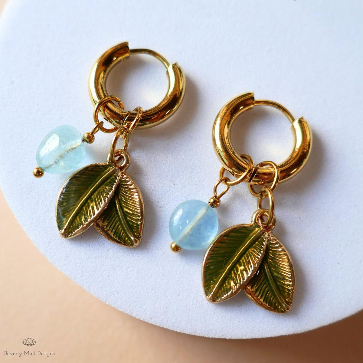 Aquamarine Leaf Earrings, Gold Huggie Hoops, Double Leaf and Gemstone Dangle, Botanical Jewelry, , Nature Inspired