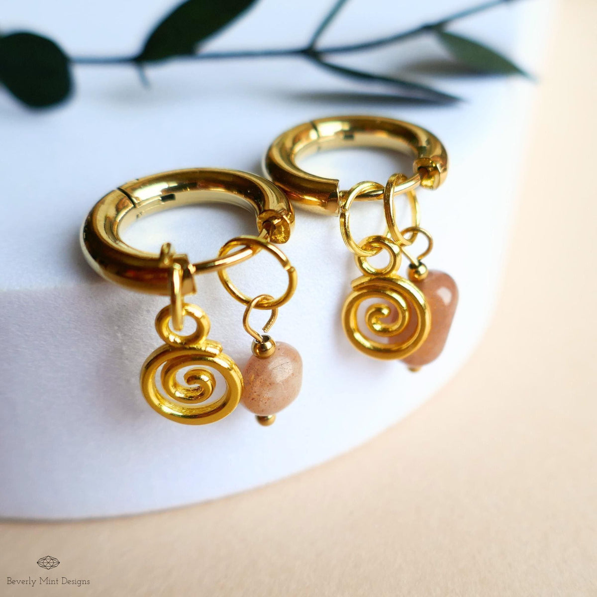 Sunstone Earrings, Gold Spiral Charm Hoops, Dainty Gemstone Earrings, Symbolic Jewelry for Her, Boho Gift Earrings