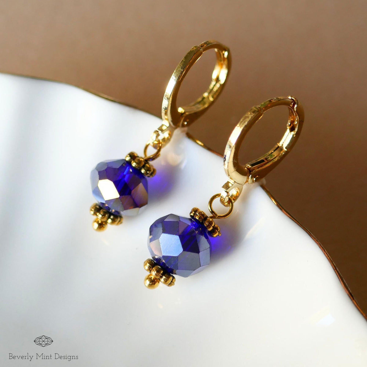 Gold Hoop Earrings with Dark Blue Beads ,Handmade Dangle Earrings, Elegant Jewelry for Women, Sensitive Ear & Clip-On Options