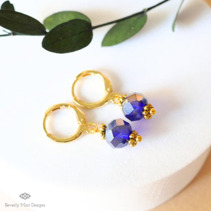 Gold Hoop Earrings with Dark Blue Beads ,Handmade Dangle Earrings, Elegant Jewelry for Women, Sensitive Ear & Clip-On Options