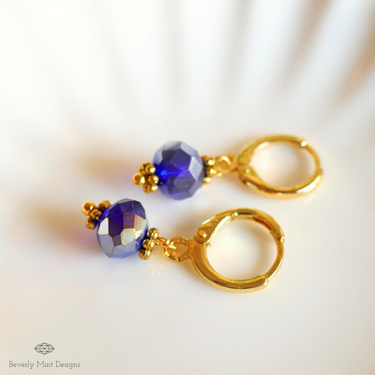 Gold Hoop Earrings with Dark Blue Beads ,Handmade Dangle Earrings, Elegant Jewelry for Women, Sensitive Ear & Clip-On Options
