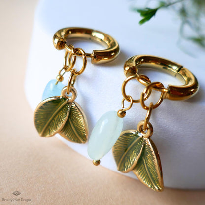Aquamarine Leaf Earrings, Gold Huggie Hoops, Double Leaf and Gemstone Dangle, Botanical Jewelry, , Nature Inspired