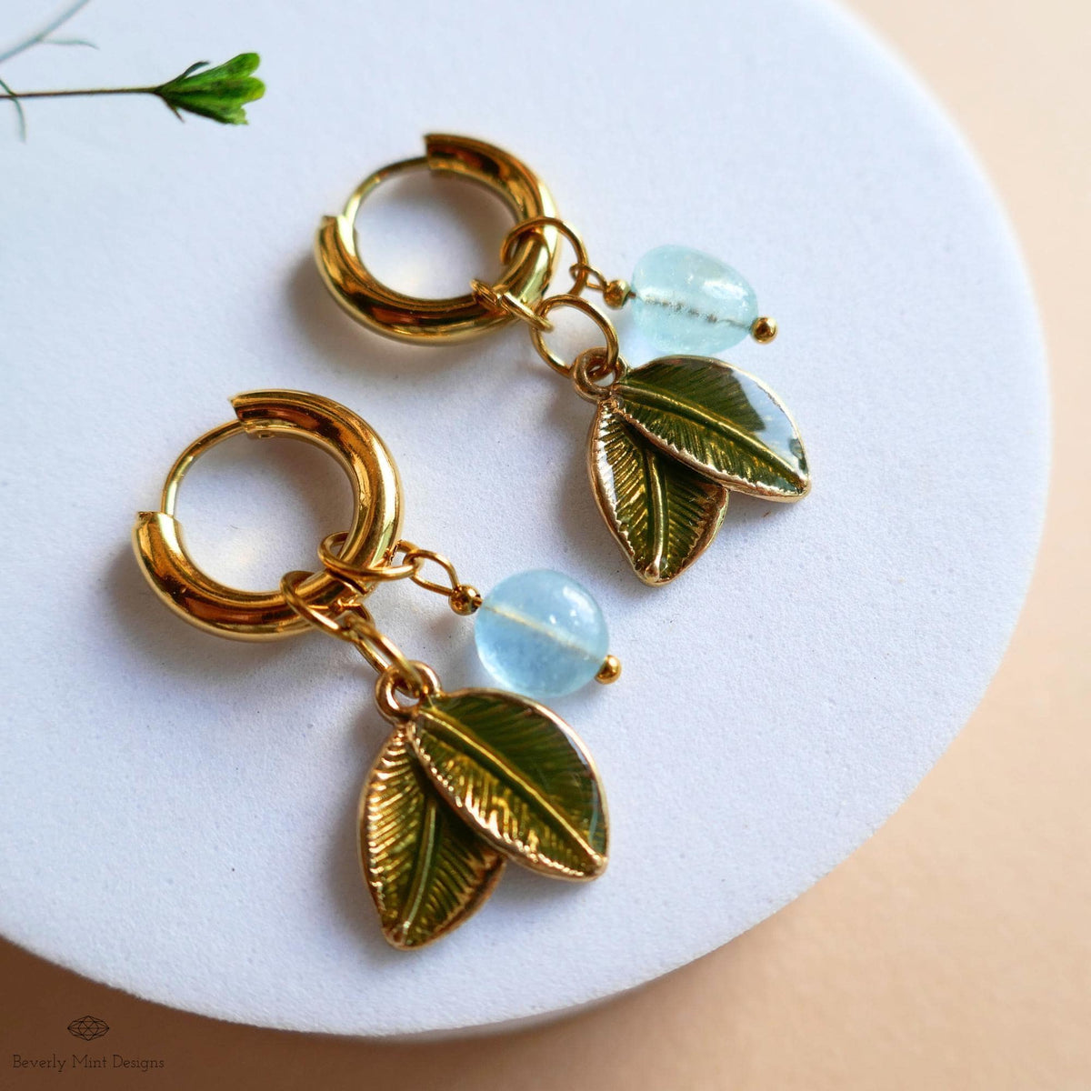 Aquamarine Leaf Earrings, Gold Huggie Hoops, Double Leaf and Gemstone Dangle, Botanical Jewelry, , Nature Inspired