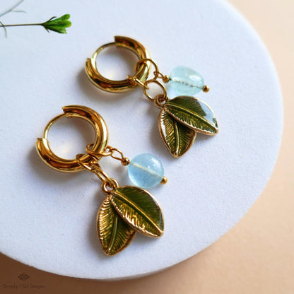 Aquamarine Leaf Earrings, Gold Huggie Hoops, Double Leaf and Gemstone Dangle, Botanical Jewelry, , Nature Inspired