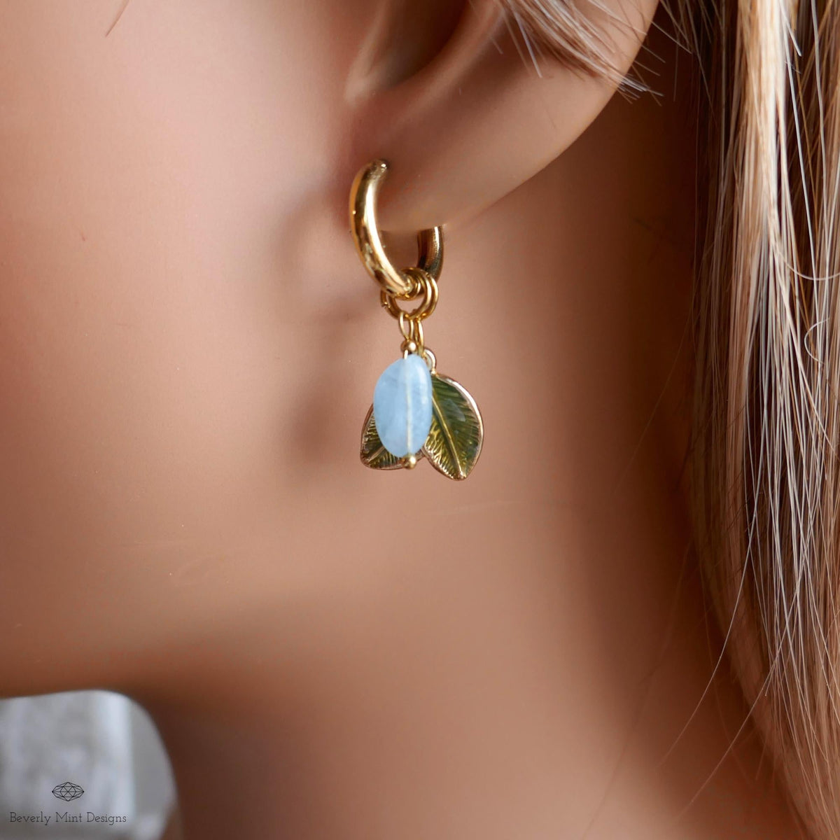 Aquamarine Leaf Earrings, Gold Huggie Hoops, Double Leaf and Gemstone Dangle, Botanical Jewelry, , Nature Inspired