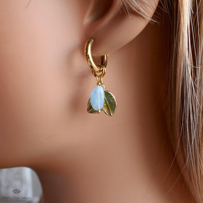 Aquamarine Leaf Earrings, Gold Huggie Hoops, Double Leaf and Gemstone Dangle, Botanical Jewelry, , Nature Inspired