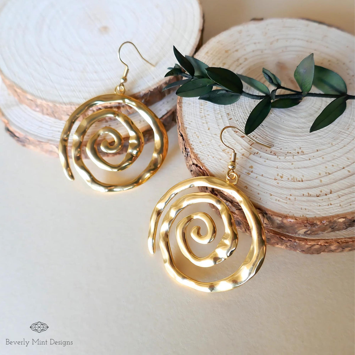 Gold Spiral Earrings, Handmade Hammered Statement Jewelry, Boho Chic Large Gold Earrings, Sensitive Ear & Clip-On Options