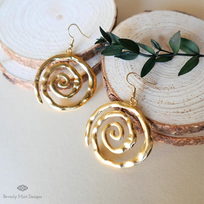Gold Spiral Earrings, Handmade Hammered Statement Jewelry, Boho Chic Large Gold Earrings, Sensitive Ear & Clip-On Options