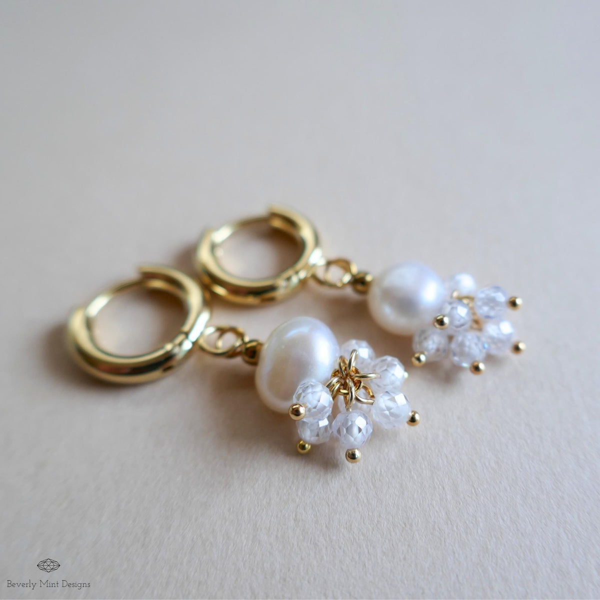 Gold Hoop Cluster Earrings, Pearl and Crystal Drop Earrings, Dainty Bridal Jewelry, Elegant Wedding Earrings, Minimalist